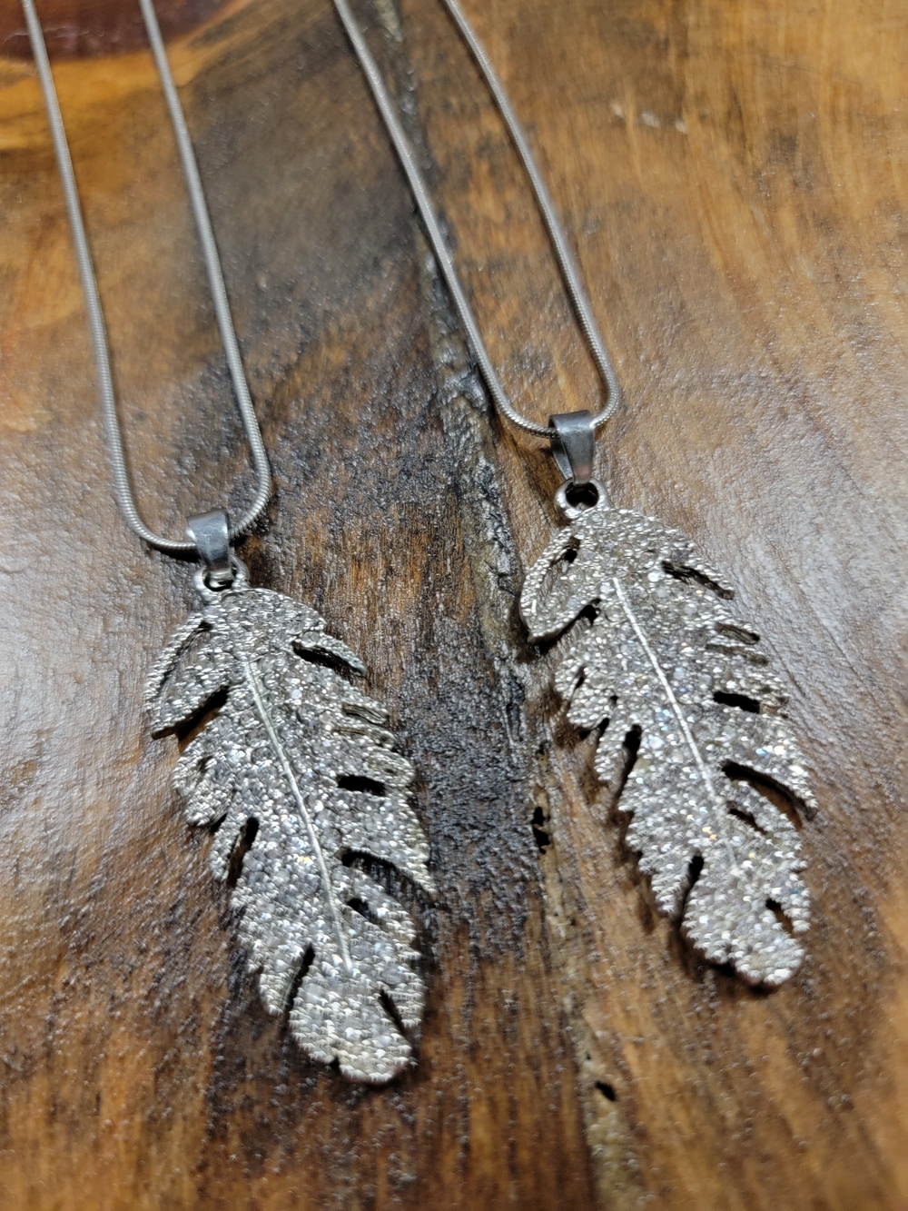 Shimmer Rhinestone Feather Pendant Necklace in Silver - Set Of 2
